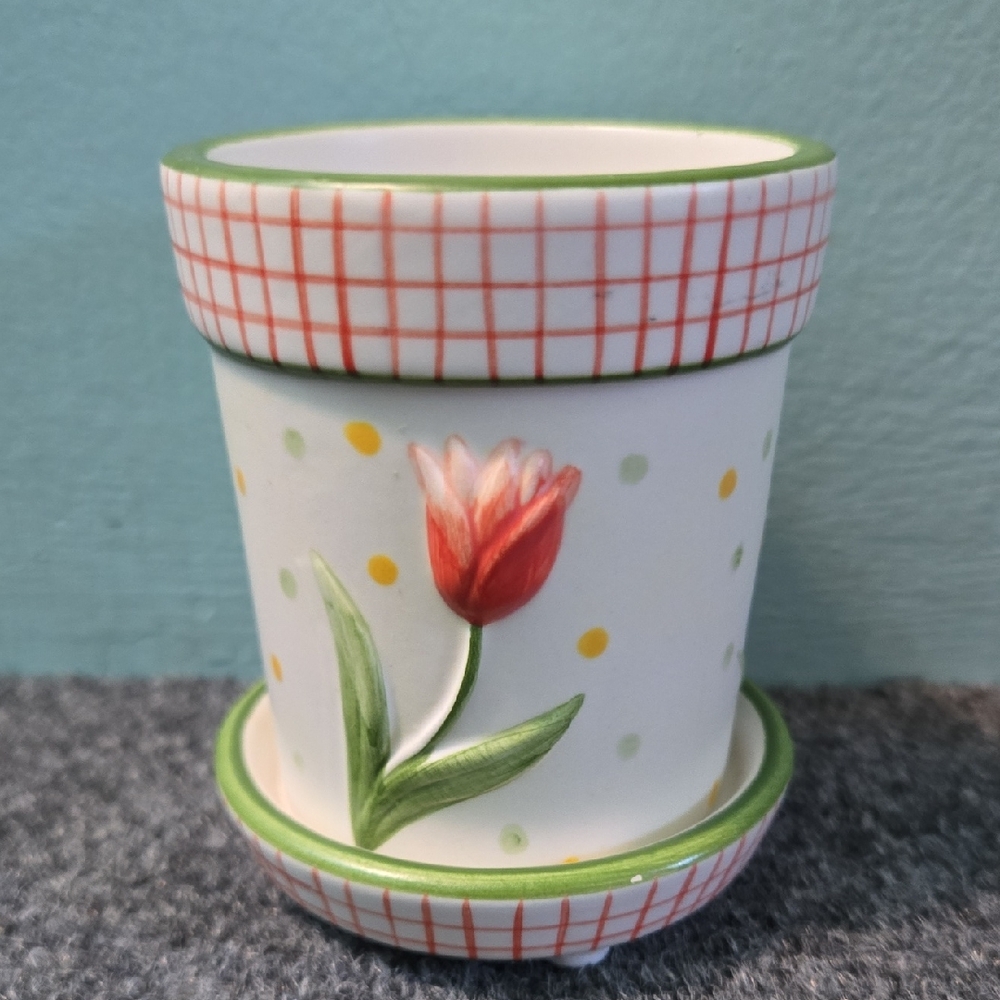 Yankee Candle Votive Holder Ceramic Spring Flowers Checkered Home Office Decor